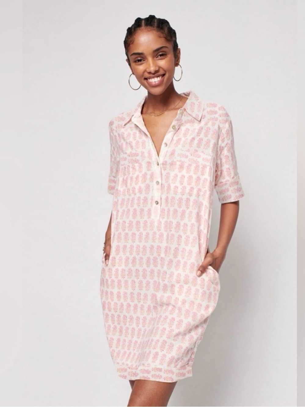 Faherty Taj Mini Shirt Dress Women's Medium Linen Blend V-Neck Pockets Floral